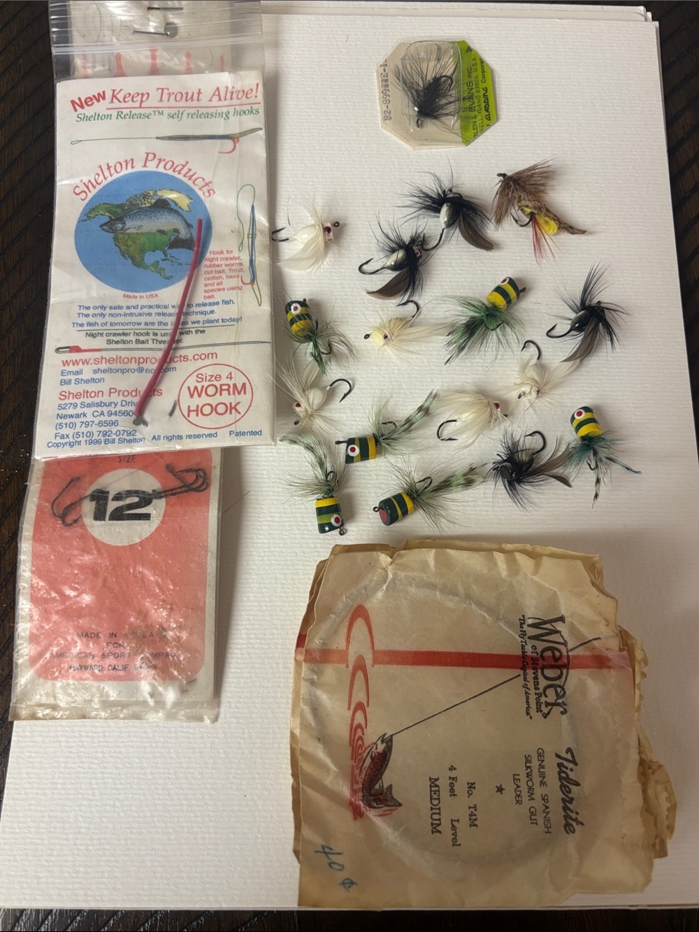 Fly Fishing Lures and Worm Hooks - Assorted Black, White, Yellow, Green